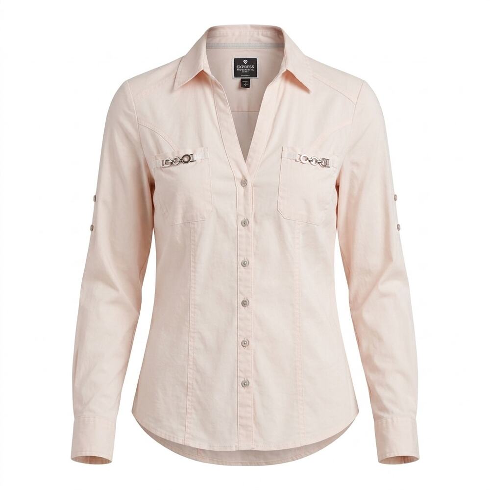 Express The Essential Shirt Stretch Button Up Blouse Women Petite Size S/P